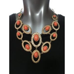Etc Necklace Cleopatra Style Apricot Cabochons Stamped Gold Tone & Rhinestone